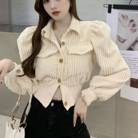 Corduroy jacket sweater bomber pocket ivory cream button womens - Picture 6 of 11